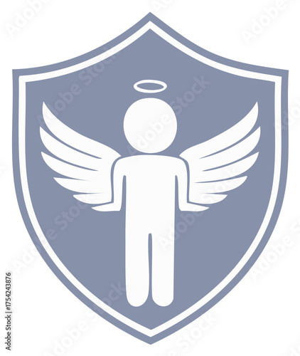 Shield with Angelic Figure and Halo Protecting with Wings Symbol Graphic