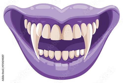 Cartoon illustration of violet lips and teeth with fangs, spooky Halloween mouth