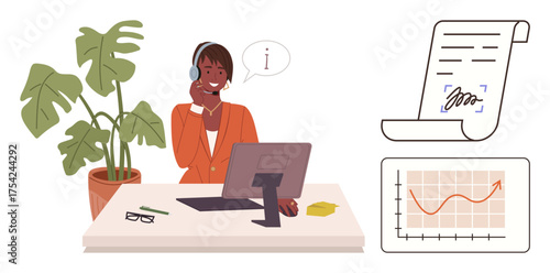 Support agent at desk with headset, computer, glasses, chart, and signed document. Ideal for customer service, online help, office work, communication team support business growth simple flat