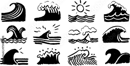 Wave silhouettes in black outline style featuring water, sun, and clouds in a vector illustration set.