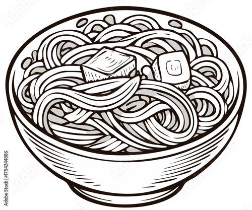 Hand drawn vector illustration of a noodle bowl with ingredients, traditional Asian food sketch