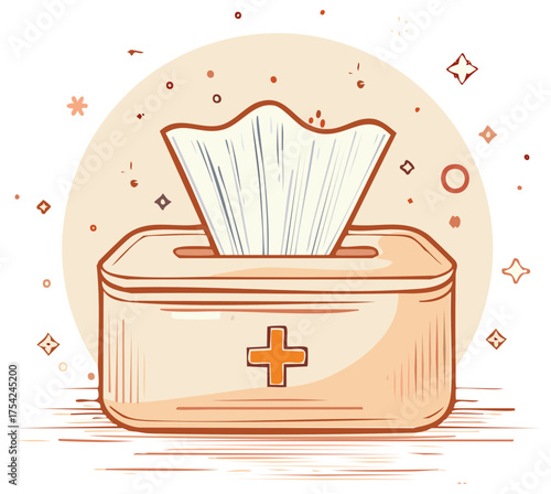 Hand Drawn Box of Tissues with a Plus Sign and a Burst of Particles for Health and Wellness Illustrations