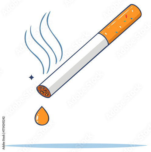 Cartoon illustration of a cigarette with smoke and nicotine drop symbolizing addiction and harmful health effects.