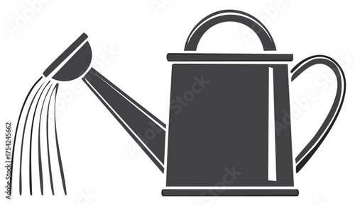 Classic metal watering can pouring streams of water, a simple black and white vector icon for horticulture