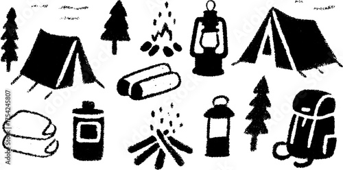 Set of camping gear illustrations including a tent, campfire, lantern, and backpack. Simple black vector illustration of outdoor equipment and nature elements.