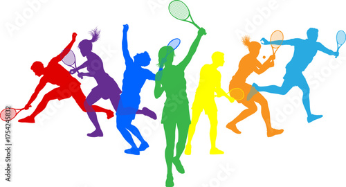 Silhouette Tennis players set. Active sports people healthy players fitness silhouettes concept.