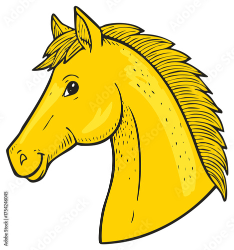 Graphic illustration of a vibrant yellow horse head facing left