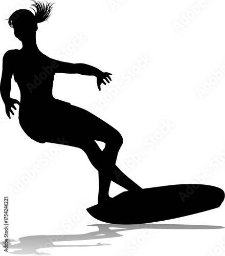 Surfer surfboard boarding female surfer surfing silhouette outline. Woman surf pose design concept.
