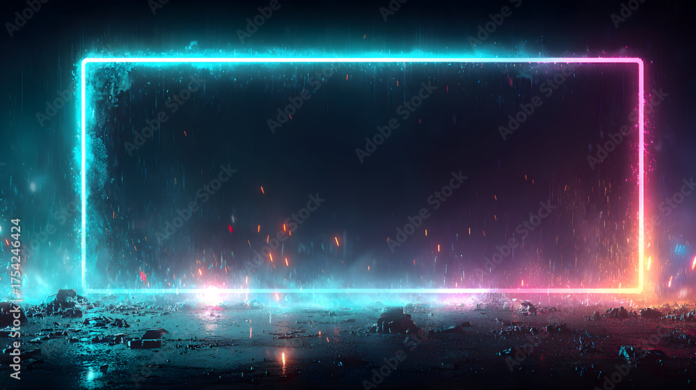 Obraz premium Neon Rectangle Frame with Abstract Background and Reflective Surface.