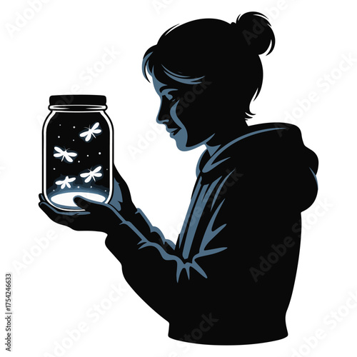 A silhouette of a girl gazing at fireflies trapped inside a glass jar