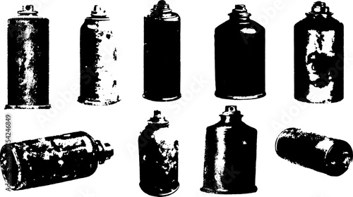 Vintage spray cans illustrated in black and white. A set of vector illustrations featuring various designs and textures of spray cans.