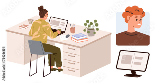 Woman working on laptop while engaging in a video call. Books, coffee, plant enhance workspace. Ideal for remote work, communication, collaboration, home office, freelancing productivity simple