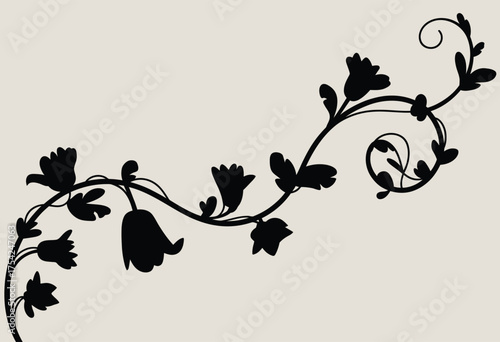 Elegant black floral vine silhouette illustration delicate bell flowers curling leaves perfect for decorative borders or ornamental design projects silhouette vector illustration white background