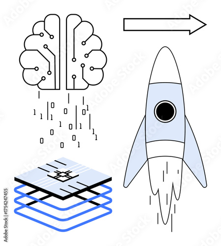 Brain emitting data, layered technological platform, and arrow showing rocket liftoff. Ideal for concepts thumbs up innovation, technology, AI, progress, startup, development futuristic ideas
