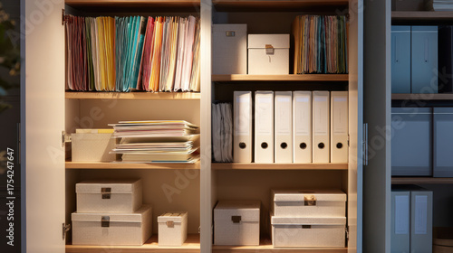 Organizing files and storage boxes on illuminated wooden shelves in a tidy office setting. 