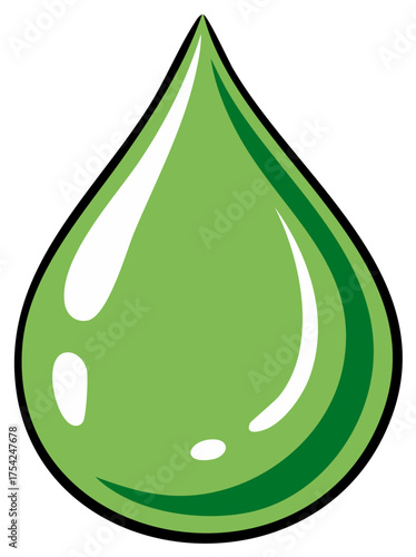 Stylized Green Drop Illustration Single Object Depicting Liquid Water or Oil Glossy Reflection