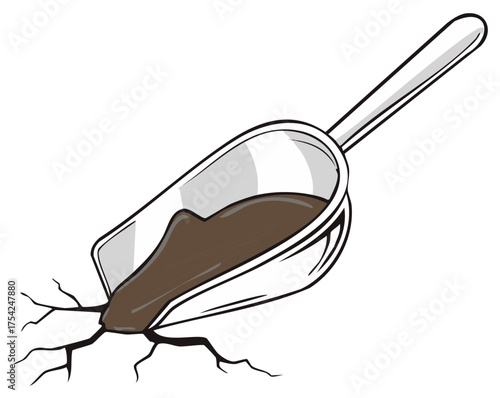 Scoop spilling brown liquid filling cracks, disaster concept with damage and mess