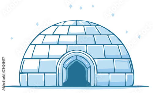 Cartoon illustration of a traditional arctic igloo house built from ice blocks under a sparkling sky