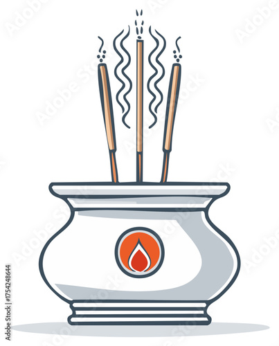 Vector illustration of burning aromatic incense sticks in a decorative censer with rising smoke