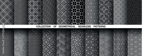 Geometric set of seamless black and gray patterns. Simple vector graphics