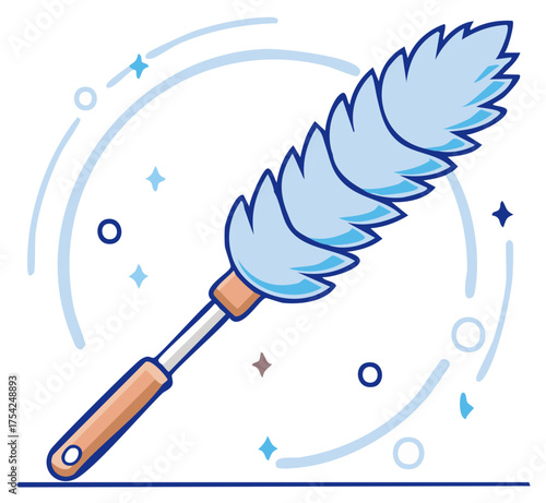 Cartoon Feather Duster for Cleaning with Swirling Lines and Decorative Stars for Sanitation Concepts