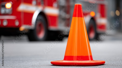 On a busy street, an orange traffic cone signals caution near a red fire truck, alerting drivers to an ongoing emergency. The scene emphasizes safety and urgency
