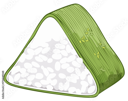 Traditional triangular rice snack wrapped in a fresh green leaf with small seeds Asian cuisine illustration art