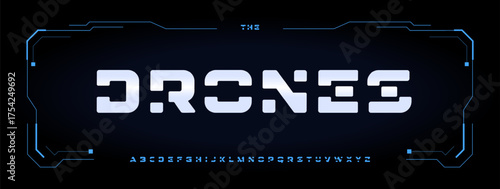 Bold futuristic font heavy geometric alphabet sci-fi hightech typeface. Strong sturdy military stencil typescript. Modular digital typeface. Abstract innovative HUD typographic design. Vector typeset