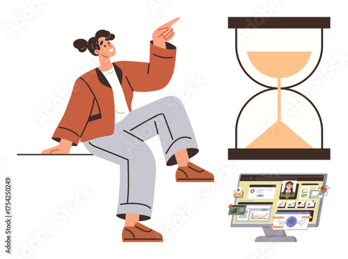 Individual gesturing toward the future, accompanied by an hourglass and desktop computer with cluttered screen. Ideal for time management, productivity, online learning, deadlines, multitasking