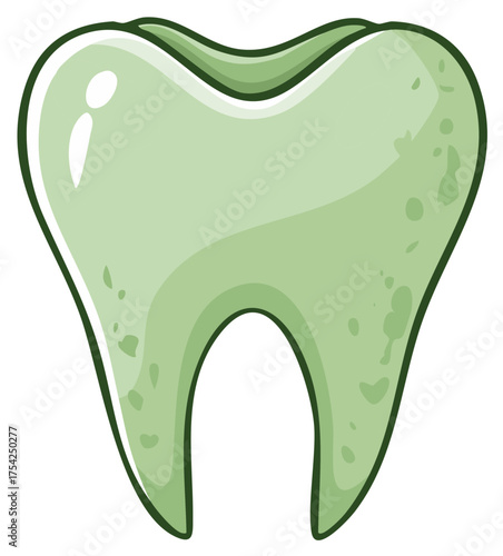 Unhealthy green molar tooth with plaque buildup cartoon illustration for dental care concepts