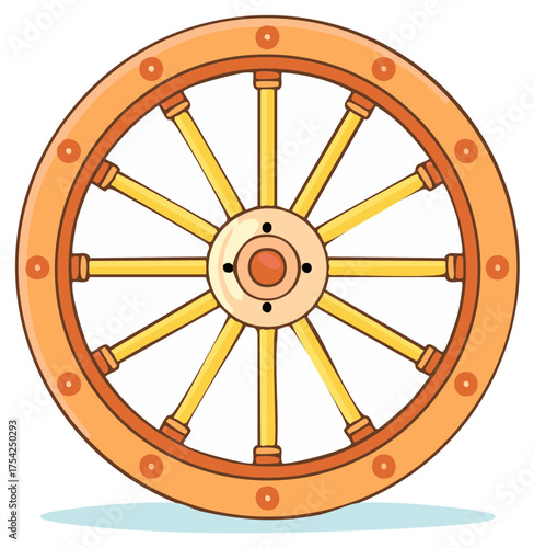Illustration of a cartoon wooden wheel, isolated on a white background with a light blue shadow