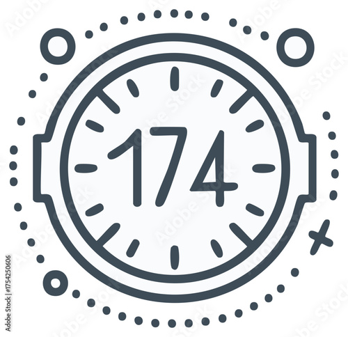 Close up of a speedometer showing the number 174 with a dashed circle and accent marks