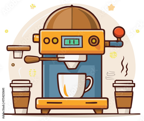 Stylish graphic illustration of a coffee maker with steaming ceramic mug and to go cups