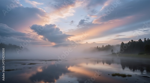 Misty dawn over tranquil lake, with soft pink clouds reflected in still water and fog-shrouded forest edges.