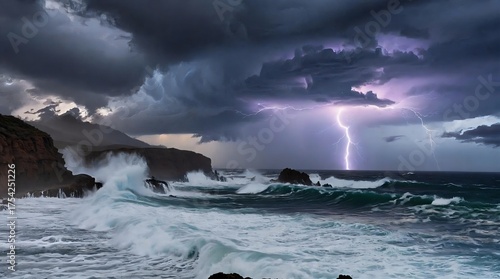 Thunderous lightning strikes over turbulent ocean waves crashing against rugged cliffs, under a stormy purple sky filled with dramatic energy.