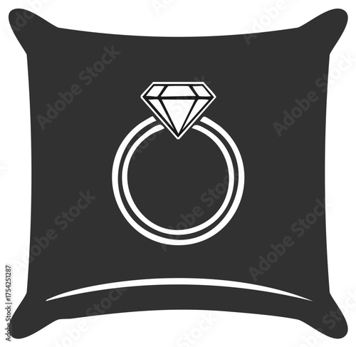 Black square pillow with a white outline illustration of a diamond engagement ring on top