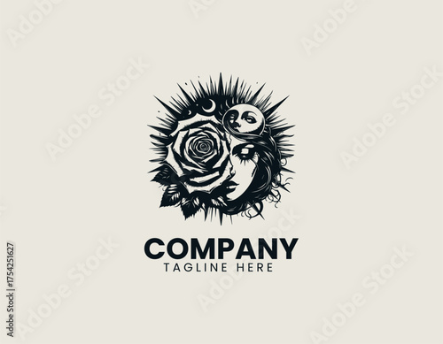 Dramatic surreal illustration of half female face, thorny rose, crescent moon, and sunburst elements. Artistic design concept