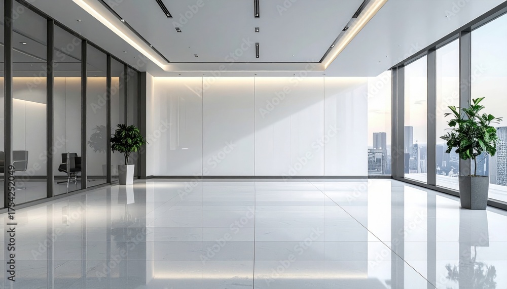 Fototapeta premium Modern office interior with large windows showcasing a city skyline at sunset, featuring minimalist design