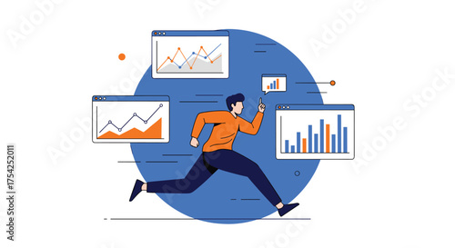 Man sprinting around data charts symbolizing financial growth and analysis.