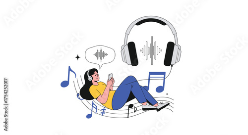 A young person is relaxing while listening to music on their headphones and phone.