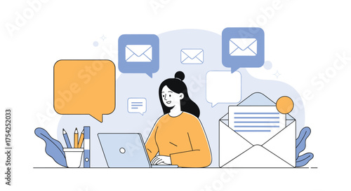 Young woman uses laptop and email to communicate with others in a modern office setting.