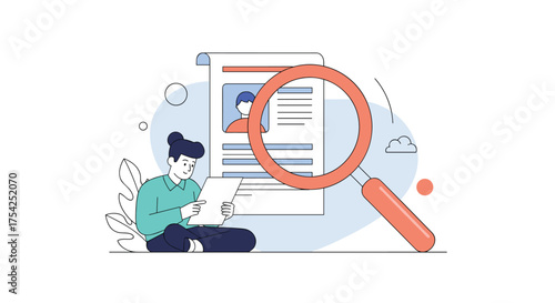 A person is reviewing a resume with a magnifying glass to find the best candidate.