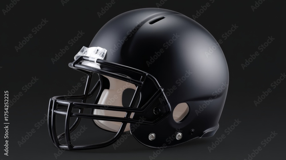 Naklejka premium Sleek black football helmet with modern matte finish and clean lines, front view on neutral background with ample copy space for branding