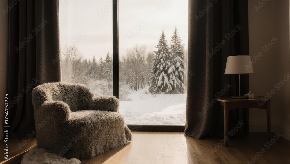Fototapeta premium Cozy Armchair Overlooking Snowy Winter Landscape Through Large Window.