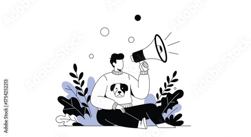 A person wearing a sweater with a dog on it holds a megaphone and announces something while sitting among plants.