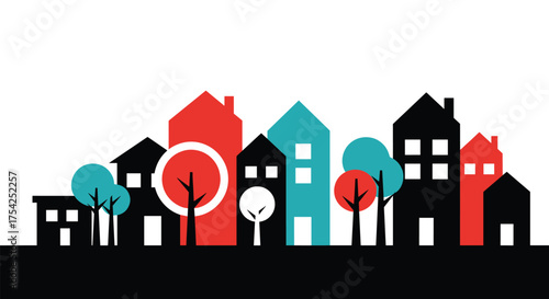 A vibrant and diverse collection of stylized homes and trees creating a unique cityscape.