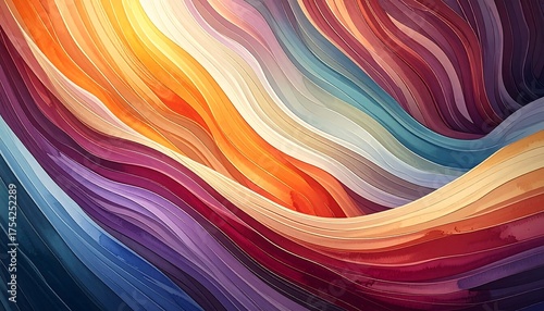 Abstract, colorful, wavy lines with a gradient of warm and cool hues, resembling a flowing energy field