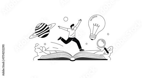 A person jumps over an open book representing knowledge and inspiration towards a lightbulb and a magnifying glass signifying discovery and learning.
