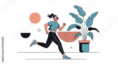 A woman in athletic wear running indoors with a large potted plant beside her. 