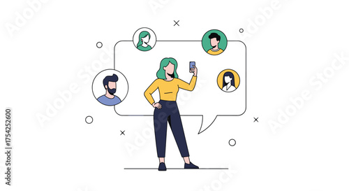A person is taking a selfie with their phone surrounded by connections.